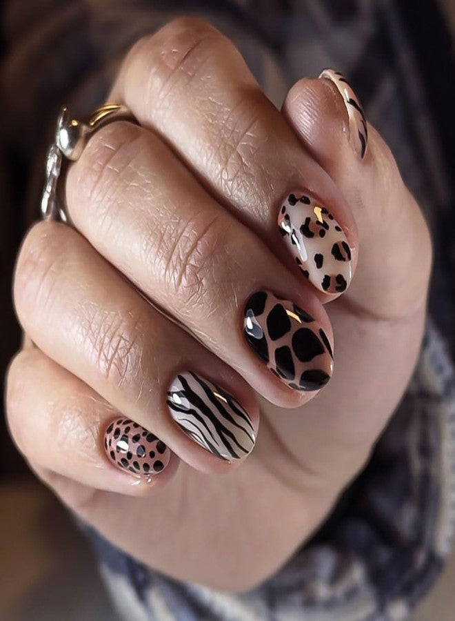 RikView Short Press on Nails Almond Fake Nails Black Nails with Leopard Print Design Glossy Full Cover Nails for Women 24 PCs/Set - Image 1